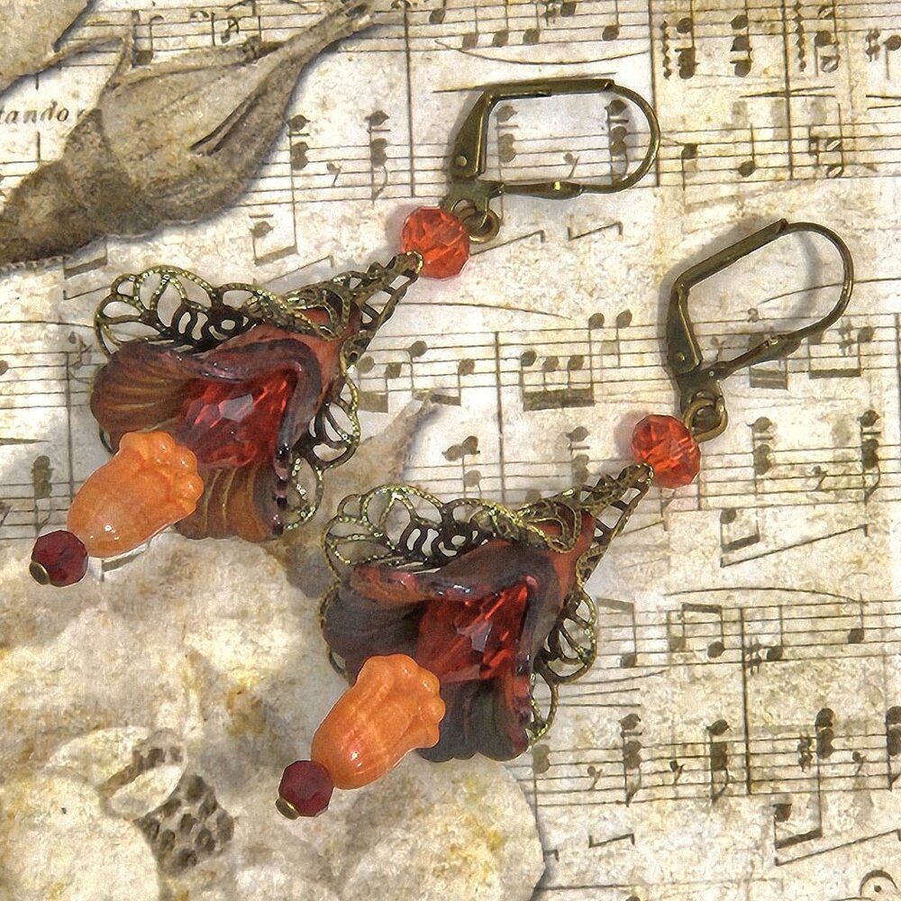 Red Orange Bronze Hand Painted Lucite Flower Earrings, Crystal, Filigree